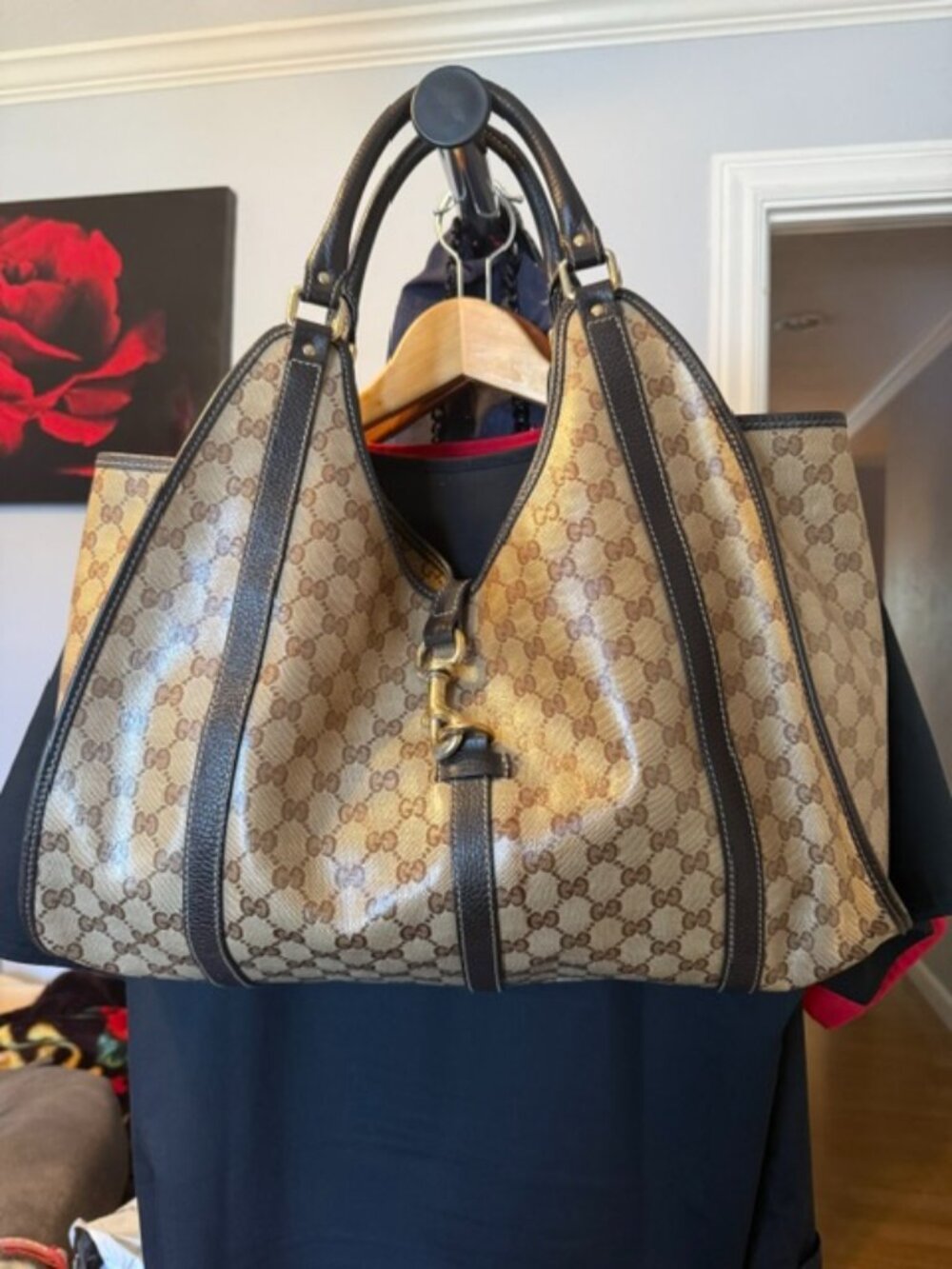 GUCCI Crystal Tote Bag Leather and Coated Canvas Beige Gold 265693 Auth 213317